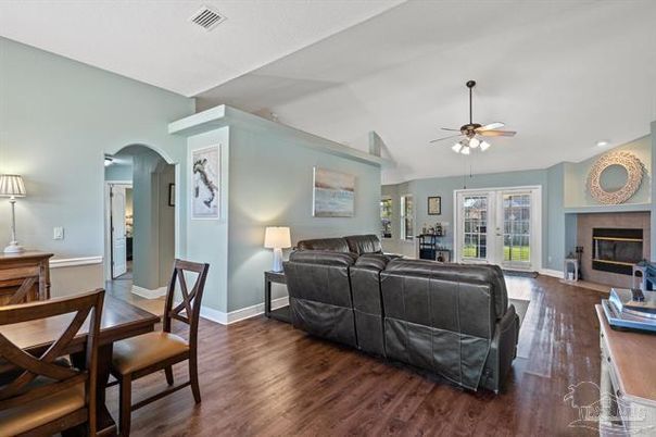 Fireplace, Interior, Living room, Recessed Lighting, Wood Texture Flooring