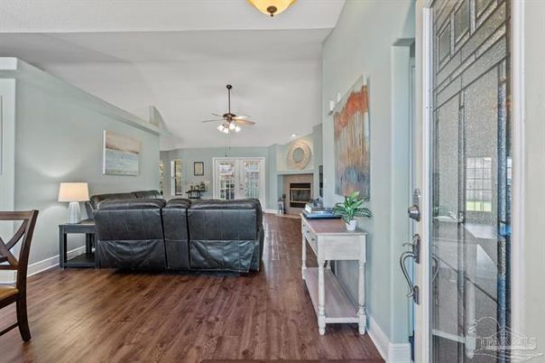 Fireplace, Interior, Living room, Recessed Lighting, Wood Texture Flooring