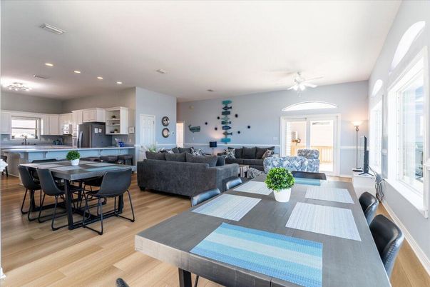 Dining room, Interior, Kitchen, Living room, Recessed Lighting, Stainless Steel Appliances, Wood Texture Flooring