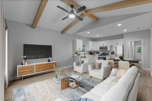 Dining room, Interior, Kitchen, Living room, Recessed Lighting, Stainless Steel Appliances, Wooden Beams, Wood Texture Flooring