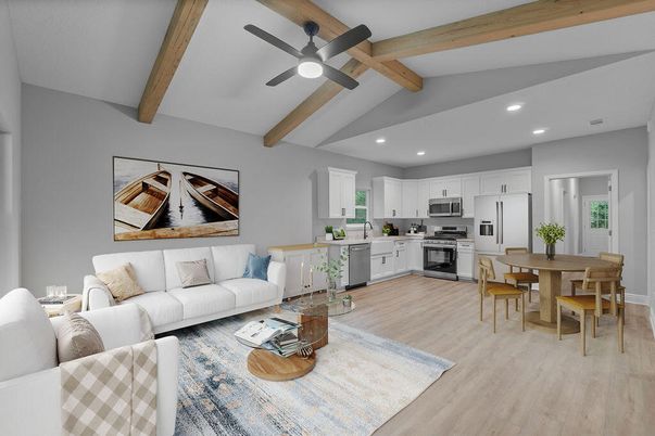 Dining room, Interior, Kitchen, Living room, Recessed Lighting, Stainless Steel Appliances, Wooden Beams, Wood Texture Flooring