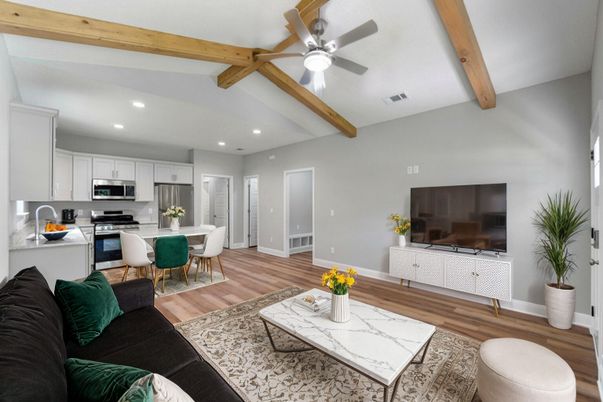 Dining room, Interior, Kitchen, Living room, Recessed Lighting, Stainless Steel Appliances, Wooden Beams, Wood Texture Flooring