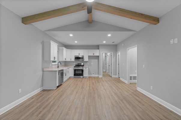 Interior, Kitchen, Recessed Lighting, Stainless Steel Appliances, Wooden Beams, Wood Texture Flooring