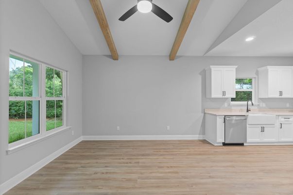 Interior, Kitchen, Recessed Lighting, Wooden Beams, Wood Texture Flooring