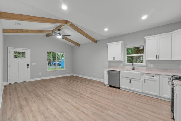 Interior, Kitchen, Recessed Lighting, Wooden Beams, Wood Texture Flooring