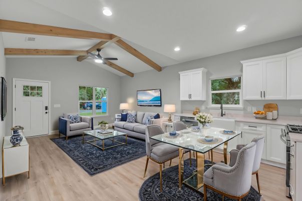 Dining room, Interior, Kitchen, Living room, Recessed Lighting, Wooden Beams, Wood Texture Flooring