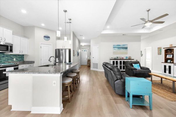Interior, Kitchen, Living room, Pendant Lights, Recessed Lighting, Stainless Steel Appliances, Wood Texture Flooring