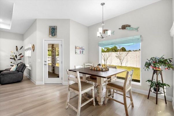 Dining room, Interior, Pendant Lights, Wood Texture Flooring