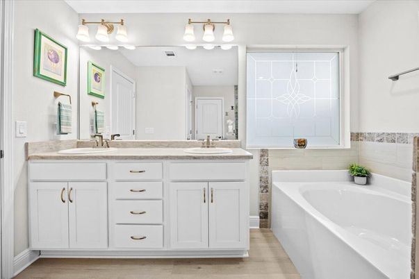 Bathroom, Dual Sink Vanities, Interior, Wood Texture Flooring