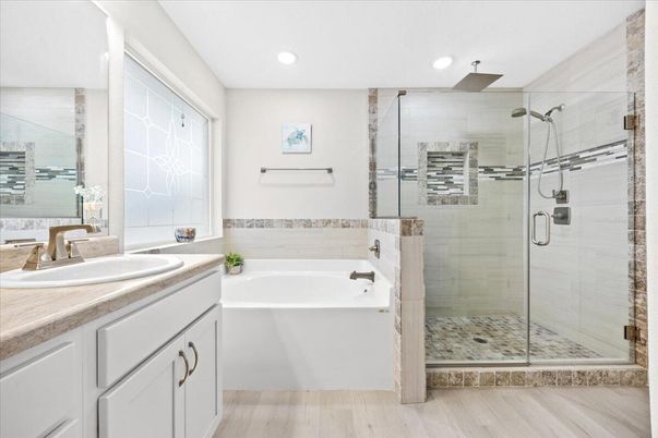 Bathroom, Glass Shower, Interior, Recessed Lighting, Wood Texture Flooring
