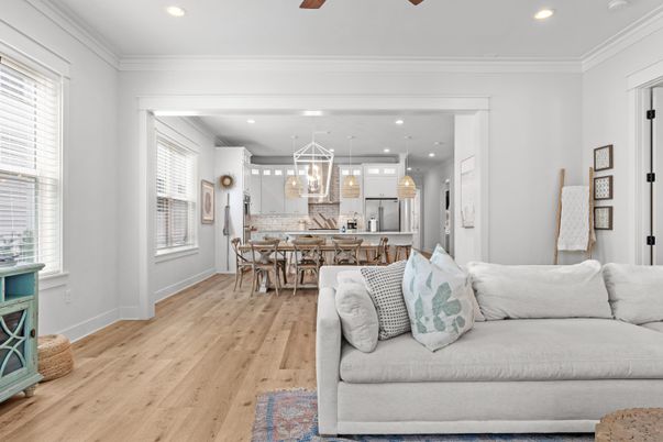 Dining room, Interior, Kitchen, Living room, Pendant Lights, Recessed Lighting, Wood Texture Flooring