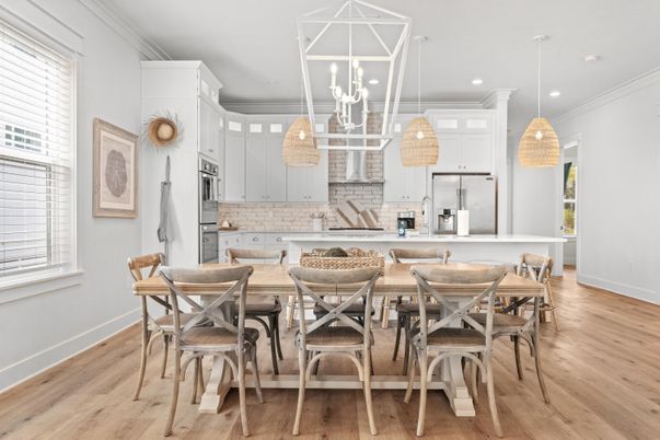 Dining room, Interior, Kitchen, Pendant Lights, Recessed Lighting, Stainless Steel Appliances, Wood Texture Flooring