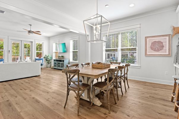 Dining room, Interior, Pendant Lights, Recessed Lighting, Wood Texture Flooring