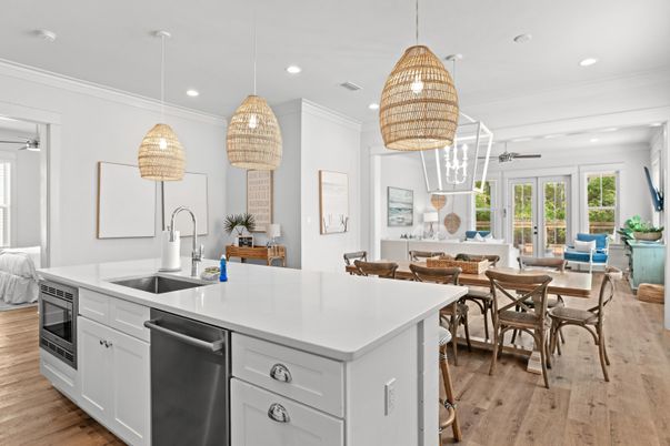 Dining room, Interior, Kitchen, Pendant Lights, Recessed Lighting, Stainless Steel Appliances, Wood Texture Flooring