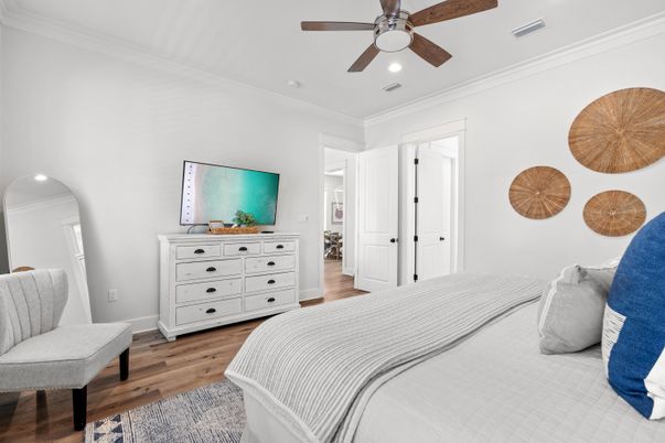 Bedroom, Interior, Recessed Lighting, Wood Texture Flooring