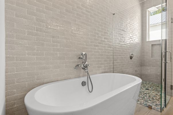 Bathroom, Free Standing Baths, Glass Shower, Interior, Stone Walls