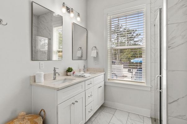 Bathroom, Dual Sink Vanities, Glass Shower, Interior, Marble, Marble Walls