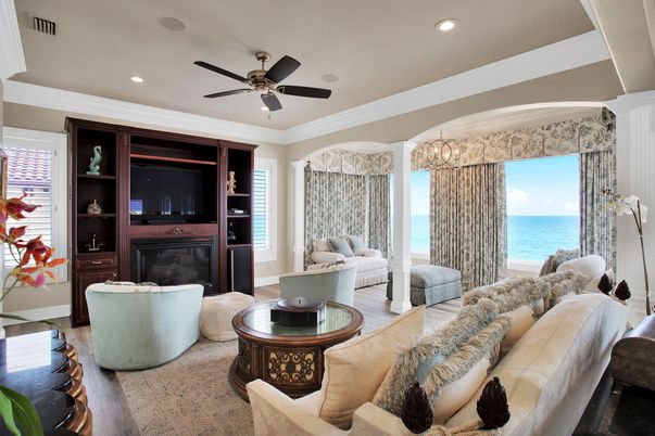 Chandelier, Fireplace, Interior, Living room, Recessed Lighting, Water, Wood Texture Flooring