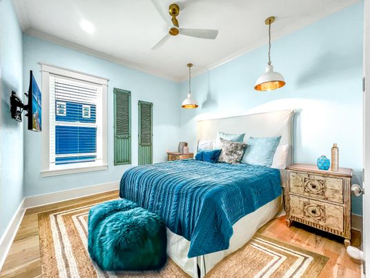 Bedroom, Interior, Pendant Lights, Recessed Lighting, Wood Texture Flooring