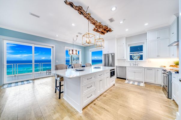 Interior, Kitchen, Pendant Lights, Recessed Lighting, Stainless Steel Appliances, Water, Wood Texture Flooring