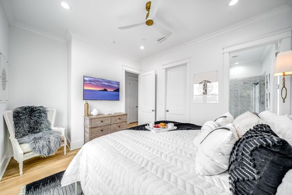 Bedroom, Interior, Recessed Lighting, Wood Texture Flooring