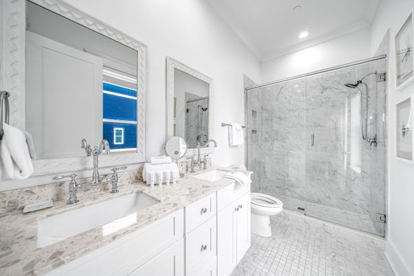 Bathroom, Dual Sink Vanities, Glass Shower, Interior, Marble, Marble Walls, Recessed Lighting