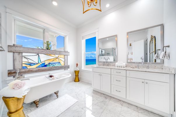 Bathroom, Dual Sink Vanities, Free Standing Baths, Interior, Marble, Recessed Lighting