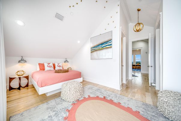 Bedroom, Interior, Pendant Lights, Recessed Lighting, Wood Texture Flooring
