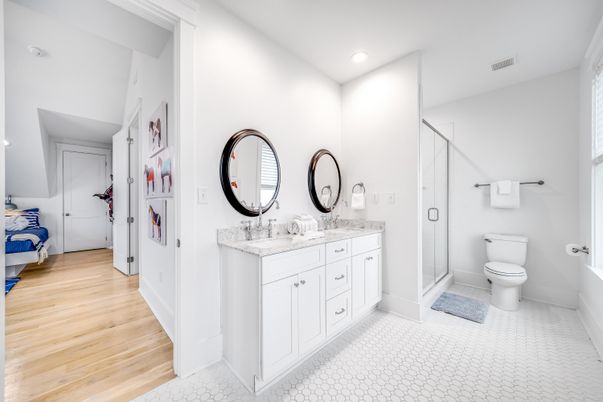 Bathroom, Dual Sink Vanities, Interior, Recessed Lighting, Wood Texture Flooring