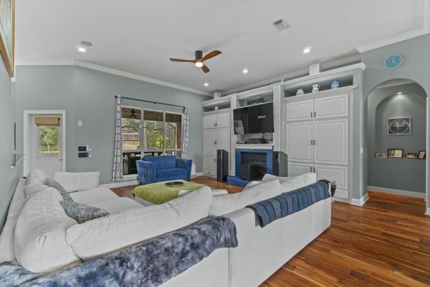 Fireplace, Interior, Living room, Recessed Lighting, Wood Texture Flooring