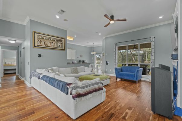 Bedroom, Interior, Kitchen, Living room, Pendant Lights, Recessed Lighting, Wood Texture Flooring