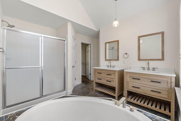 Bathroom, Dual Sink Vanities, Glass Shower, Interior, Pendant Lights