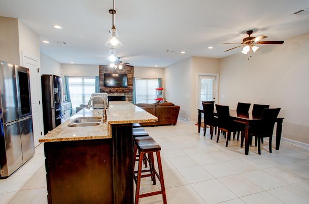 Dining room, Fireplace, Interior, Kitchen, Living room, Pendant Lights, Recessed Lighting, Stone Walls