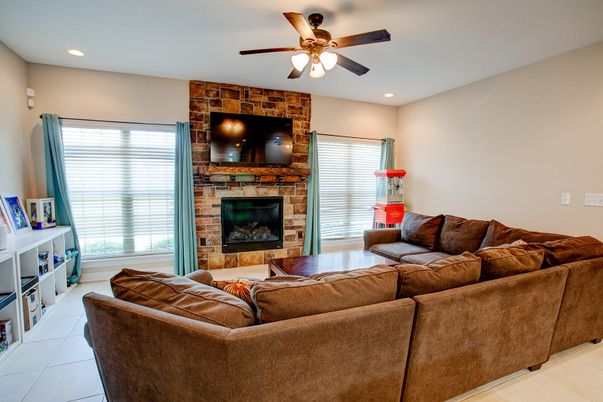 Fireplace, Interior, Living room, Recessed Lighting, Stone Walls