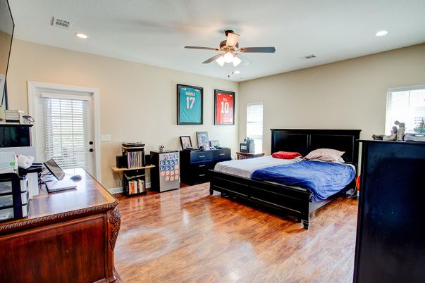 Bedroom, Home Office, Interior, Recessed Lighting, Wood Texture Flooring