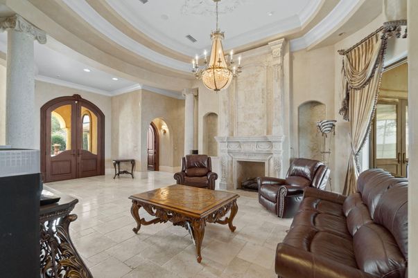 Chandelier, Fireplace, Interior, Living room, Recessed Lighting