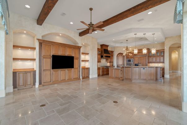 Chandelier, Interior, Kitchen, Pendant Lights, Recessed Lighting, Wooden Beams