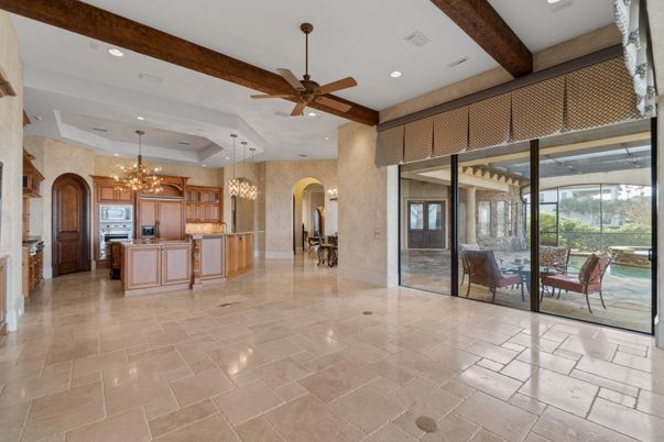 Chandelier, Interior, Kitchen, Pendant Lights, Recessed Lighting, Wooden Beams