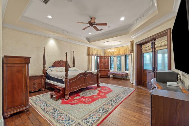 Bedroom, Chandelier, Interior, Recessed Lighting, Wood Texture Flooring