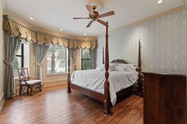Bedroom, Interior, Recessed Lighting, Wood Texture Flooring