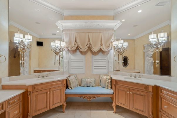 Bathroom, Chandelier, Dual Sink Vanities, Interior, Recessed Lighting