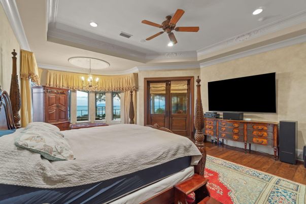 Bedroom, Chandelier, Interior, Recessed Lighting, Wood Texture Flooring