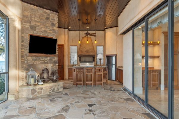 Fireplace, Interior, Kitchen, Pendant Lights, Recessed Lighting, Stone Walls, Wooden Ceilings