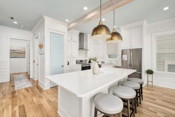 Interior, Kitchen, Pendant Lights, Recessed Lighting, Stainless Steel Appliances, Wooden Beams, Wood Texture Flooring