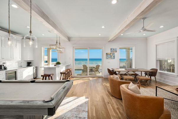 Dining room, Interior, Kitchen, Pendant Lights, Recessed Lighting, Water, Wood Texture Flooring