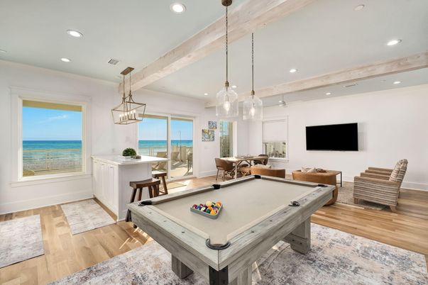 Billiard Table, Game Room, Interior, Pendant Lights, Recessed Lighting, Water, Wood Texture Flooring
