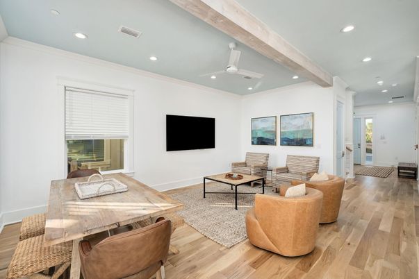 Interior, Living room, Recessed Lighting, Wooden Beams, Wood Texture Flooring