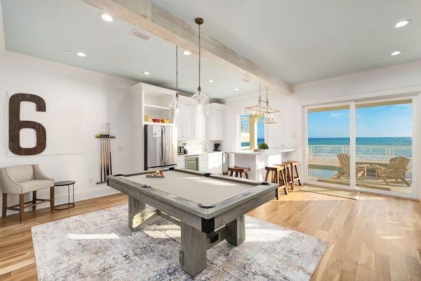 Billiard Table, Game Room, Interior, Pendant Lights, Recessed Lighting, Water, Wood Texture Flooring