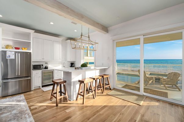 Interior, Kitchen, Pendant Lights, Recessed Lighting, Water, Wooden Beams, Wood Texture Flooring