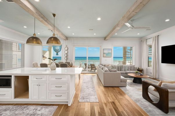 Interior, Living room, Pendant Lights, Recessed Lighting, Water, Wooden Beams, Wood Texture Flooring